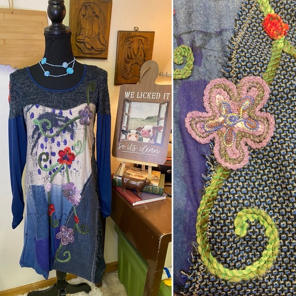 Radzoli Women's L Patchwork Mesh Tunic Dress Boho Bohemian Lagenlook Art To Wear - Picture 1 of 16